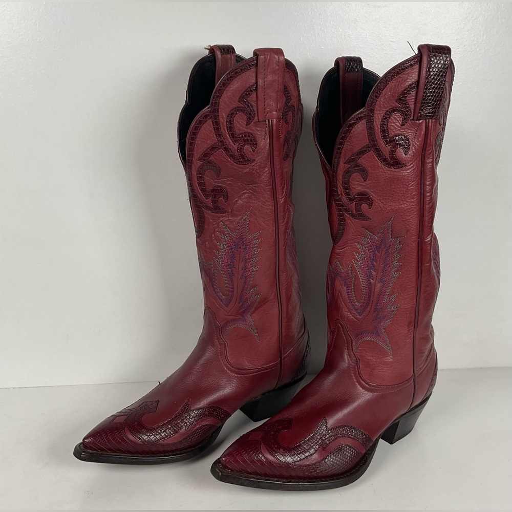 Tony Lama Lizard Wingtip Cowgirl Boots | Overlays | Cranberry | Women’s 6.5 M - Picture 1 of 16